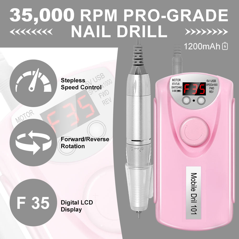 Professional Nail Drill, 35000 RPM Electric Mobile Drill For Acrylic Nails, Rechargeable Electric Nail File Machine Kit For Home Use, Salon Quality, Portable & Low Noise.