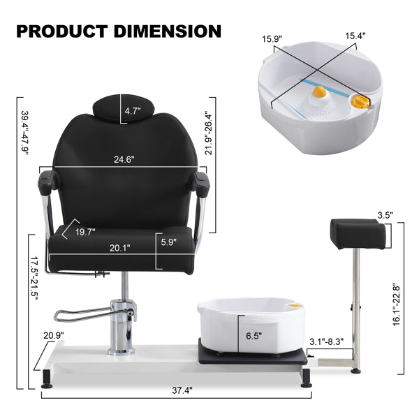 Pedicure Station Chair W/Footrest And Foot Basin, 360 Swivel Reclining Pedicure Chair W/Hydraulic Adjustable Height And Headrest - Black