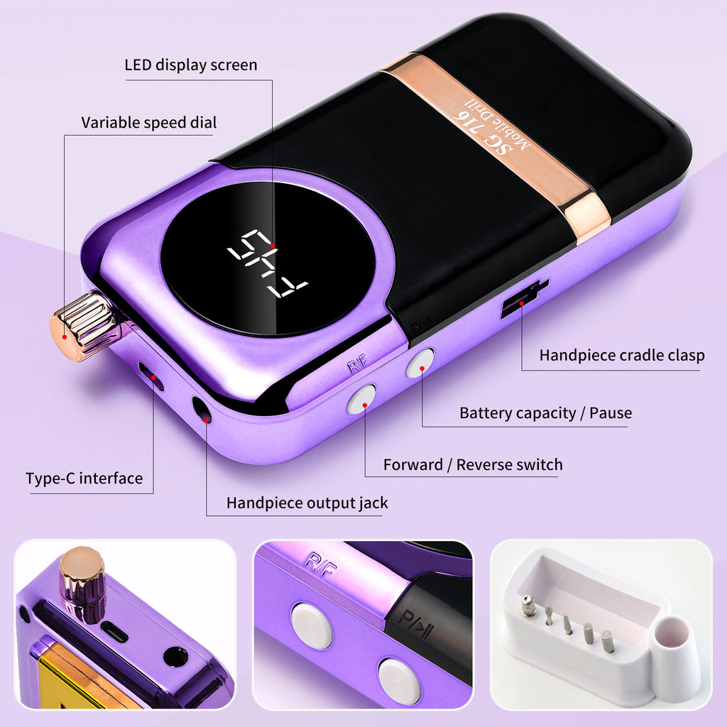 Electric Nail Drill Professional Kit - 45000RPM Portable Nail File Electric E File With 6 Bits & Base-LED Screen-Ultra-Silent, Rechargeable Nail Drills Machine For Acrylic Nails Gel Polishing