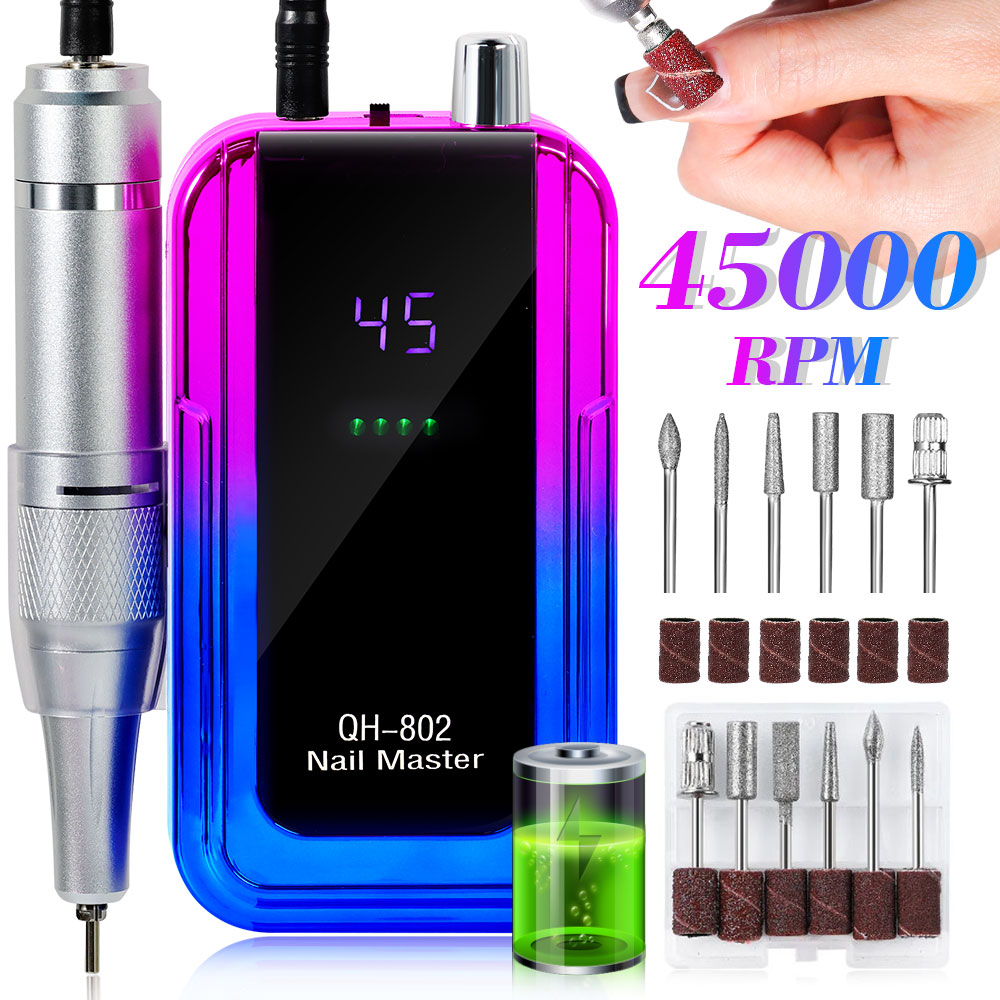 Professional Electric Nail Drill, 45000 RPM Cordless Rechargeable E-File Machine, With 6 Bits, Sanding Bands, LCD Display For Acrylic Gel Nails