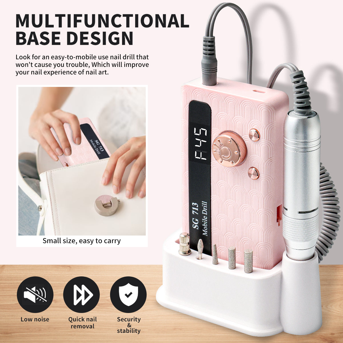 Electric Nail Drill - 45000RPM Portable Nail Drill-Rechargeable Nail E-File Kit With 6 Bits & Base-LED Screen-Ultra-Silent, Rechargeable Nail Drills Machine For Acrylic Nails Gel Polishing