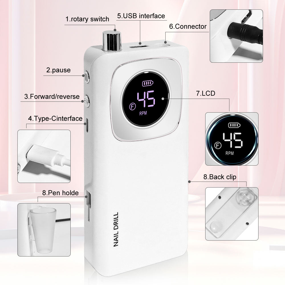 Rechargeable Electric Nail File Professional - 45000RPM Portable Efile Nail Drill Kit, Cordless E File Nail Drill Machine For Acrylic Gel Nails Salon Home Manicure Use