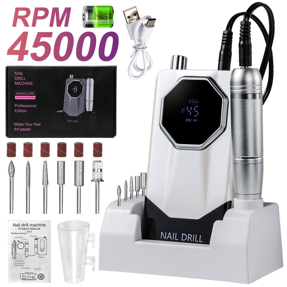 45000RPM Professional Portable Nail Drill Cordless Low Noise Nail Filer Electric Machine With Efile Bits & Base For Acrylic Nails, Electric Nail File Machine Suitable For Manicure, Nail Buffer Machine