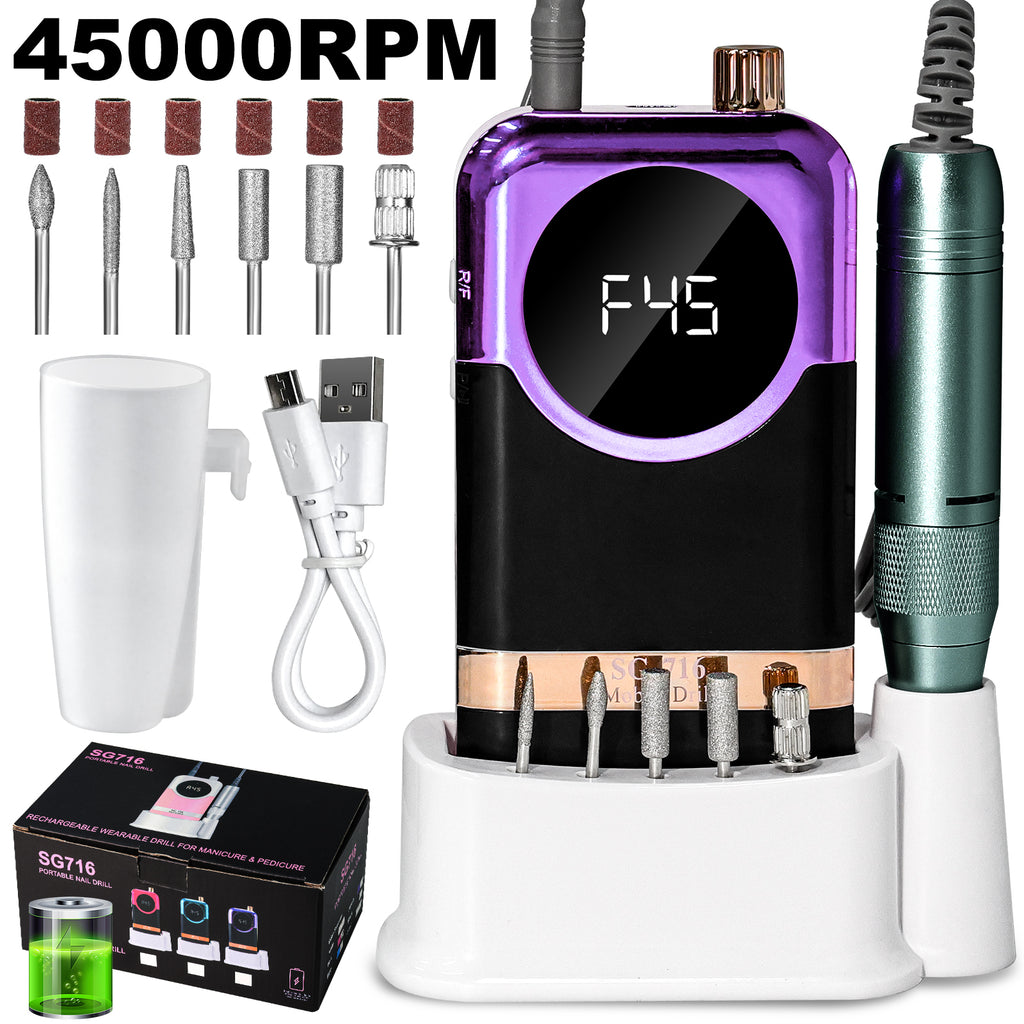 Electric Nail Drill Professional Kit - 45000RPM Portable Nail File Electric E File With 6 Bits & Base-LED Screen-Ultra-Silent, Rechargeable Nail Drills Machine For Acrylic Nails Gel Polishing