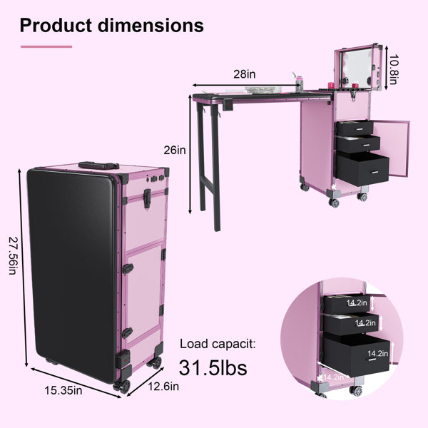 Portable Nail Art Table W/ LED Mirror, Bluetooth, Lockable Drawers, Telescopic Pole - Folding Manicure Station For Salons (Pink)
