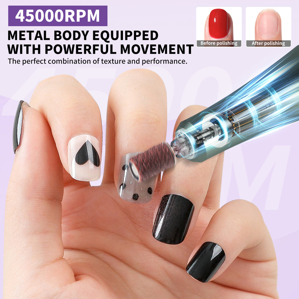 Electric Nail Drill Professional Kit - 45000RPM Portable Nail File Electric E File With 6 Bits & Base-LED Screen-Ultra-Silent, Rechargeable Nail Drills Machine For Acrylic Nails Gel Polishing