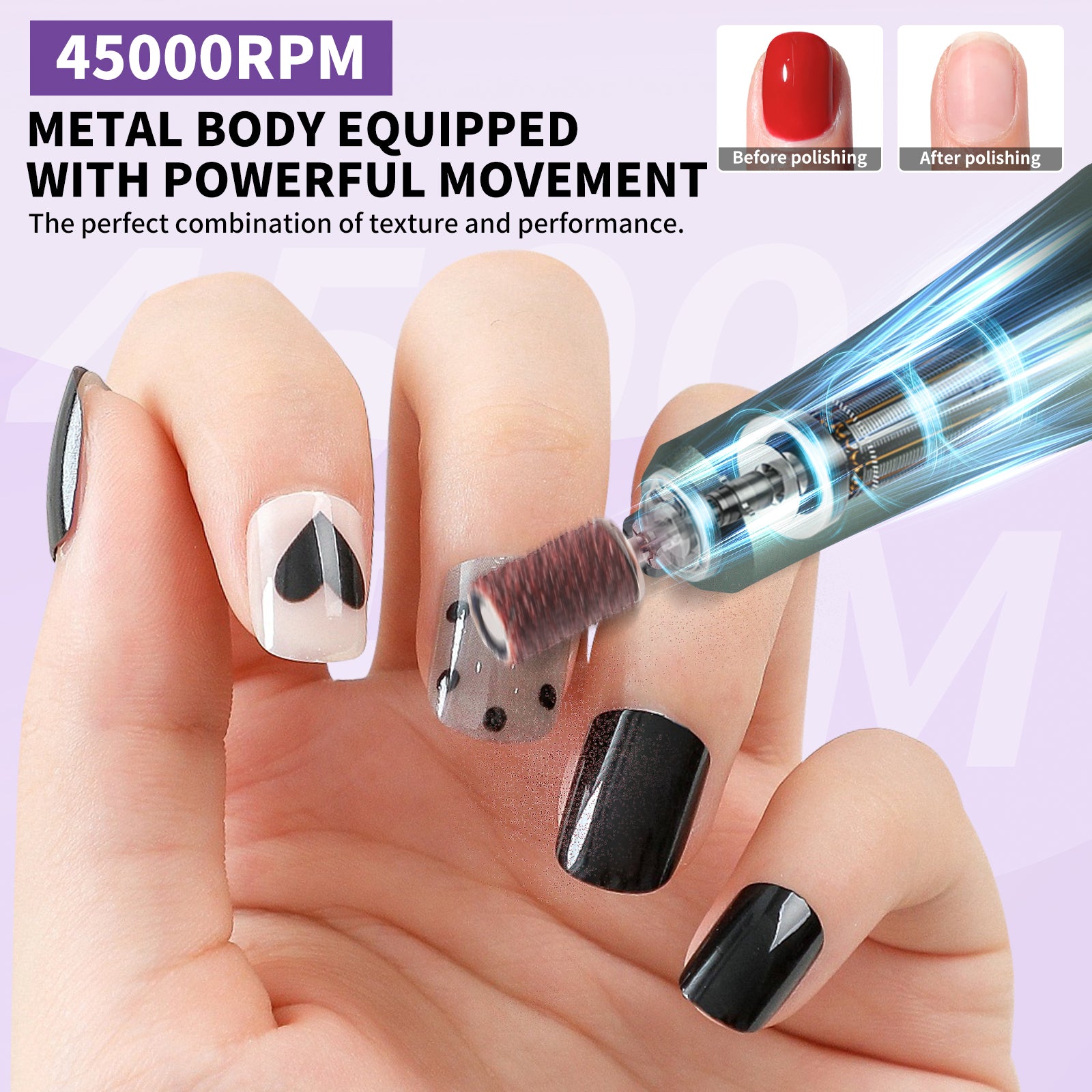 Electric Nail Drill Professional Kit - 45000RPM Portable Nail File Electric E File With 6 Bits & Base-LED Screen-Ultra-Silent, Rechargeable Nail Drills Machine For Acrylic Nails Gel Polishing