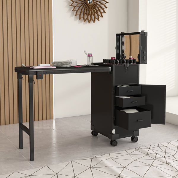 Portable Nail Art Table W/ LED Mirror, Bluetooth, Lockable Drawers, Telescopic Pole - Folding Manicure Station For Salons (Black)