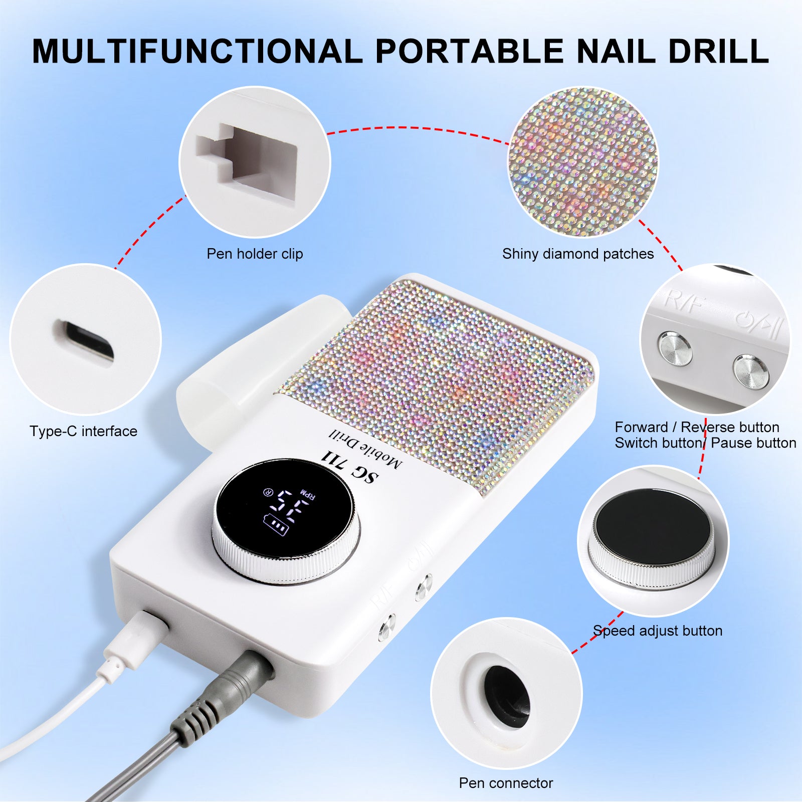 Professional Electric Cordless Nail Drill File-Glitter Portable Cordless E-File Nail Drill Kit With 6 Drill Bits 45000RPM Rechargeable Nail Drills Machine For Acrylic Nails Gel Polishing
