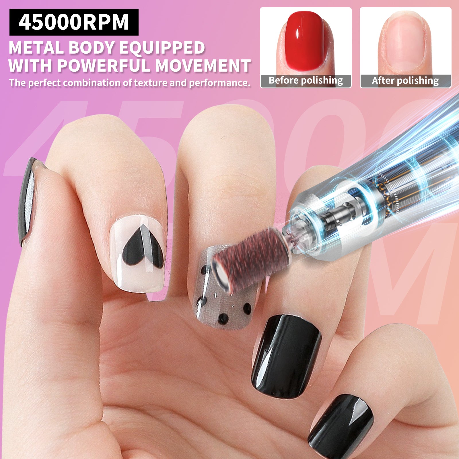 Rechargeable Nail Drill 45000 RPM - Electric Nail File For Shaping, Removing & Polishing Gel Nails-Lightweight & Easy To Use-Perfect For Home & Salon Manicure Pedicure