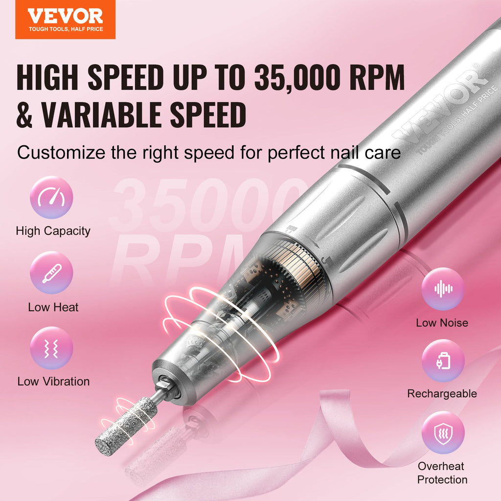 VEVOR Electric Rechargeable Nail Drill, 35,000RPM Portable Cordless Nail E File Machine, LCD-Display Acrylic Gel Grinder Tool With 6 Bits And 50PCS Sanding Bands For Manicure Pedicure Carve Polish