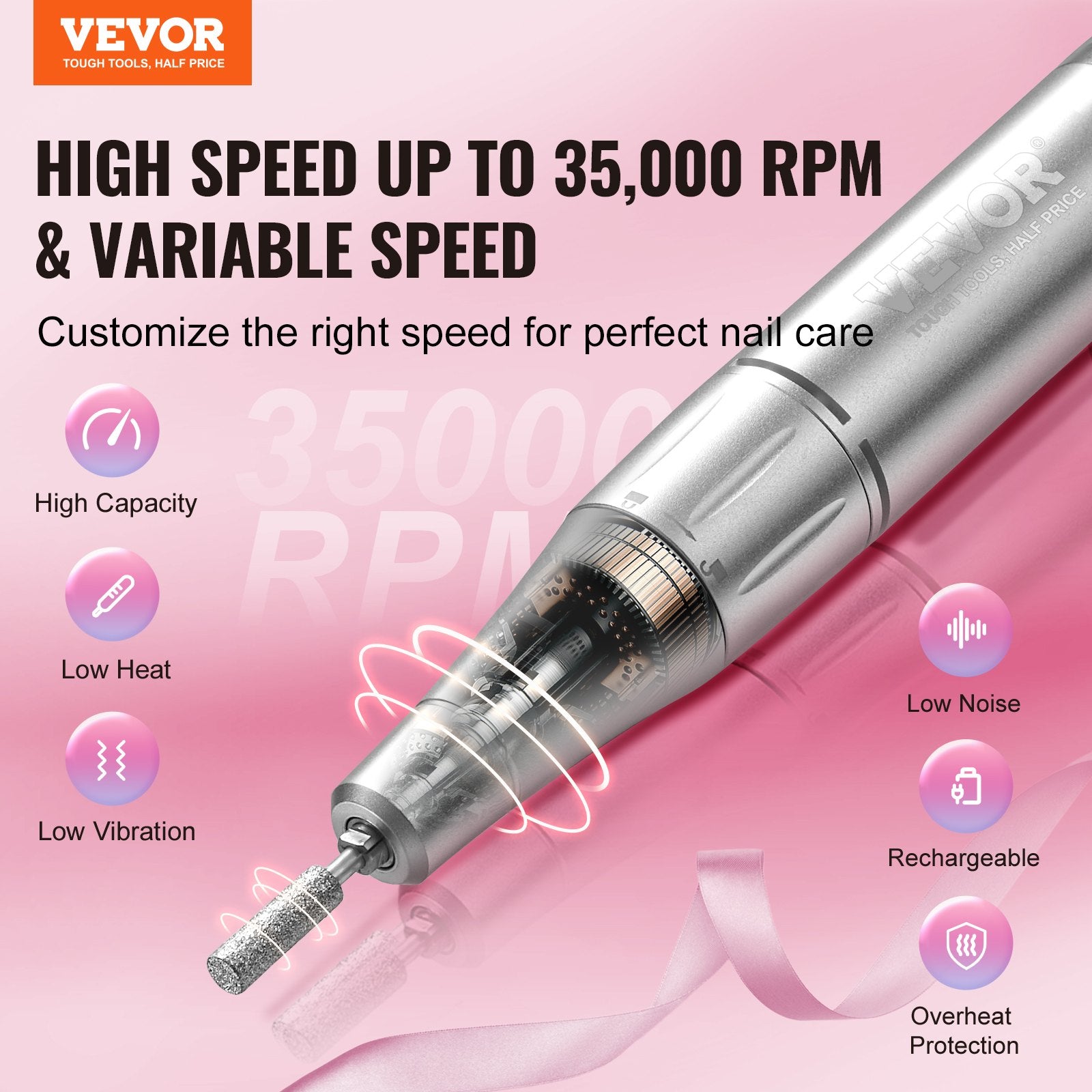 VEVOR Electric Rechargeable Nail Drill, 35,000RPM Portable Cordless Nail E File Machine, LCD-Display Acrylic Gel Grinder Tool With 6 Bits And 50PCS Sanding Bands For Manicure Pedicure Carve Polish