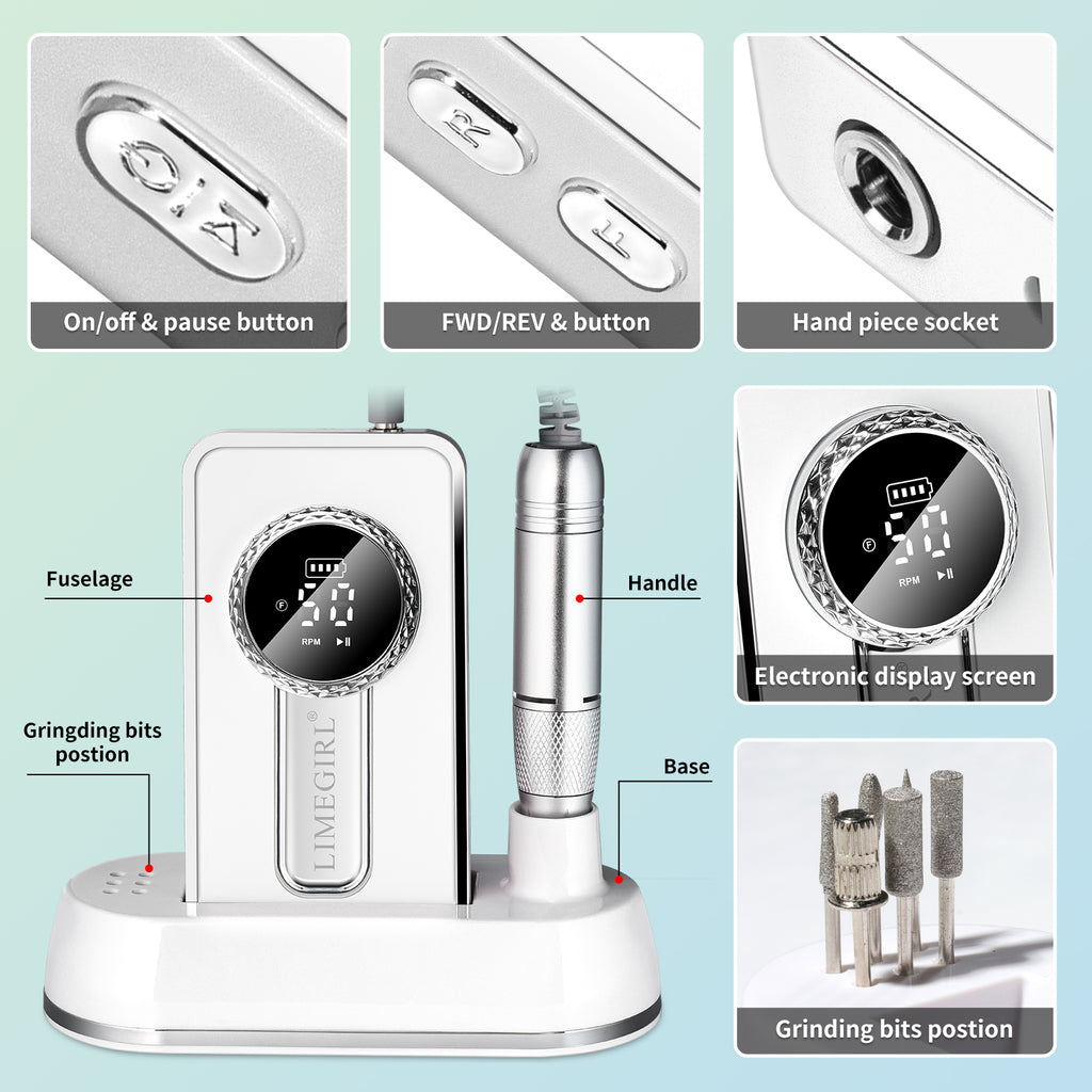 Electric 45000RPM Nail Drill Machine Rechargeable Portable Nail File Electric DIY Nail Drill Kit With Smart LCD Screen For Gel Nail Manicure And Pedicure Reflective Body Etc