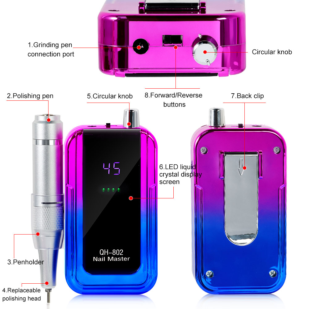 Professional Electric Nail Drill, 45000 RPM Cordless Rechargeable E-File Machine, With 6 Bits, Sanding Bands, LCD Display For Acrylic Gel Nails