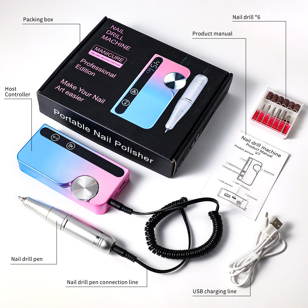 Professional Electric Nail Drill, 45000 RPM Cordless E-File Machine, With 12 Bits, Sanding Bands, LCD Display Electric Nail File For Acrylic Gel Nails
