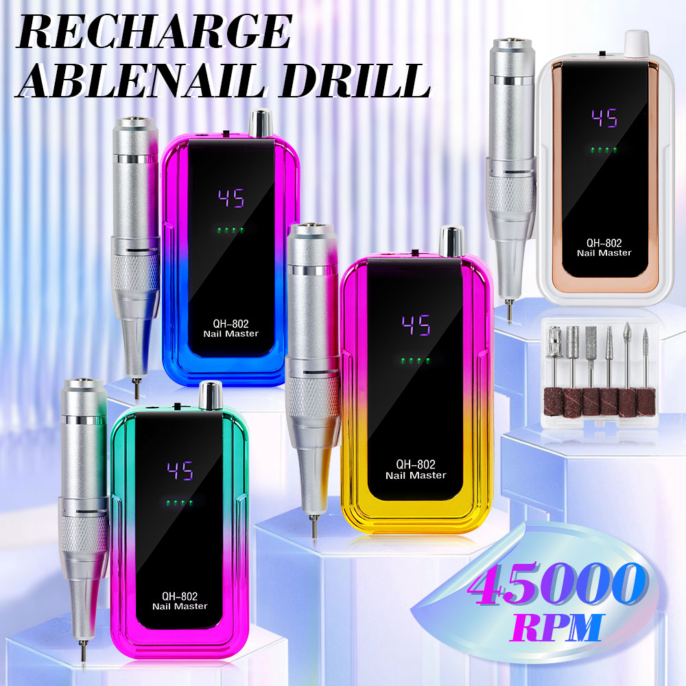 Professional Electric Nail Drill, 45000 RPM Cordless Rechargeable E-File Machine, With 6 Bits, Sanding Bands, LCD Display For Acrylic Gel Nails