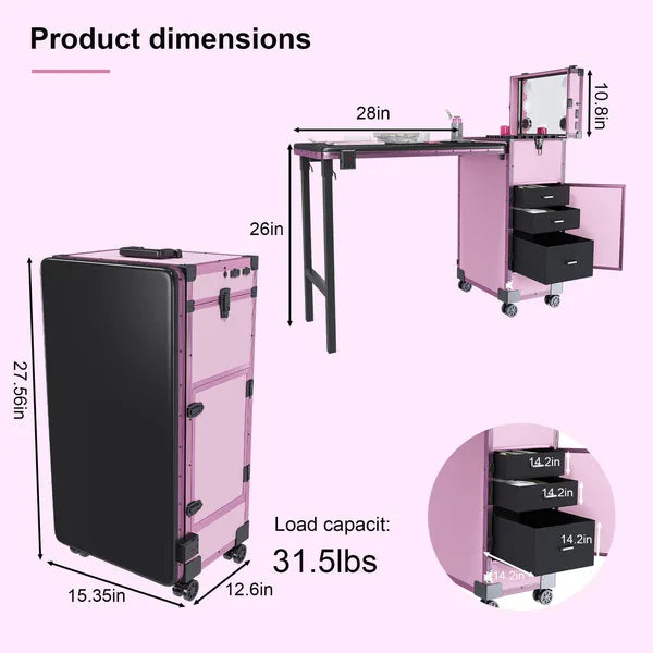 Portable Nail Art Table W & LED Mirror, Bluetooth, Lockable Drawers, Telescopic Pole - Folding Manicure Station For Salons - Pink