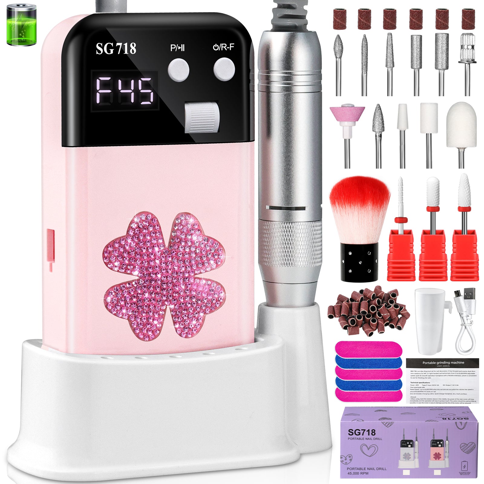 Rechargeable Nail Drill 45000 RPM - Electric Nail File For Shaping, Removing & Polishing Gel Nails-Lightweight & Easy To Use-Perfect For Home & Salon Manicure Pedicure