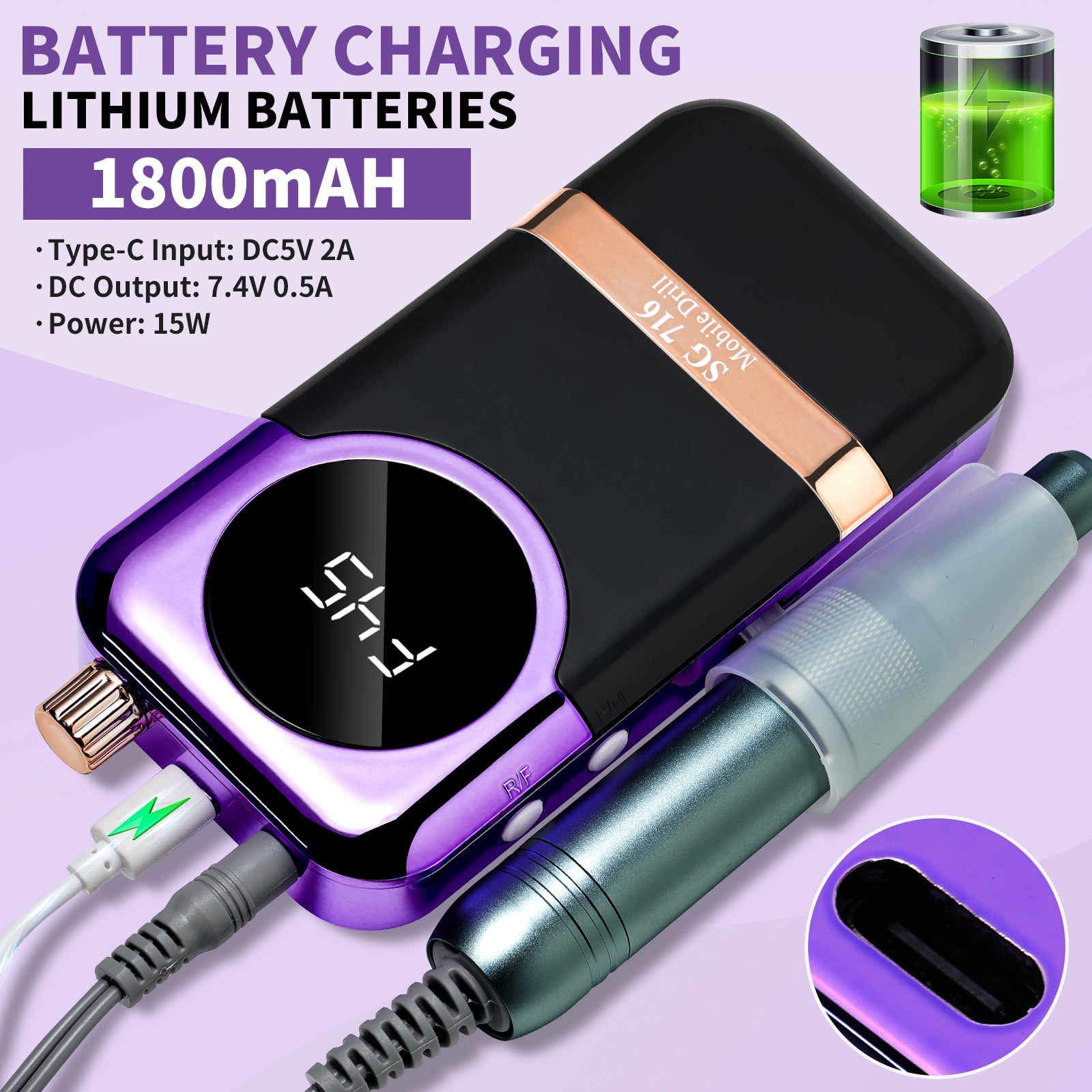 Electric Nail Drill Professional Kit - 45000RPM Portable Nail File Electric E File With 6 Bits & Base-LED Screen-Ultra-Silent, Rechargeable Nail Drills Machine For Acrylic Nails Gel Polishing