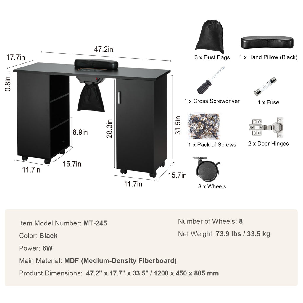 VEVOR Manicure Table, Nail Table Station With Electric Dust Collector, Moveable Nail Tech Desk With 8 Wheels  4 Lockable , 3 Dust Bag & Wrist Rest, MDF Nail Art Workstation For Spa Beauty Salon, Black