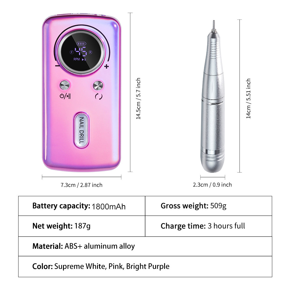 Professional Electric Nail Drill, 45000RPM Cordless Nail File Drill With 6 Drills, LCD Display, Nail File Machine For Removing Acrylic Gel Nails, Nail Salon Equipment, Rechargeable