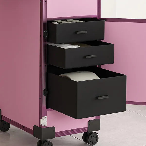 Portable Nail Art Table W & LED Mirror, Bluetooth, Lockable Drawers, Telescopic Pole - Folding Manicure Station For Salons - Pink