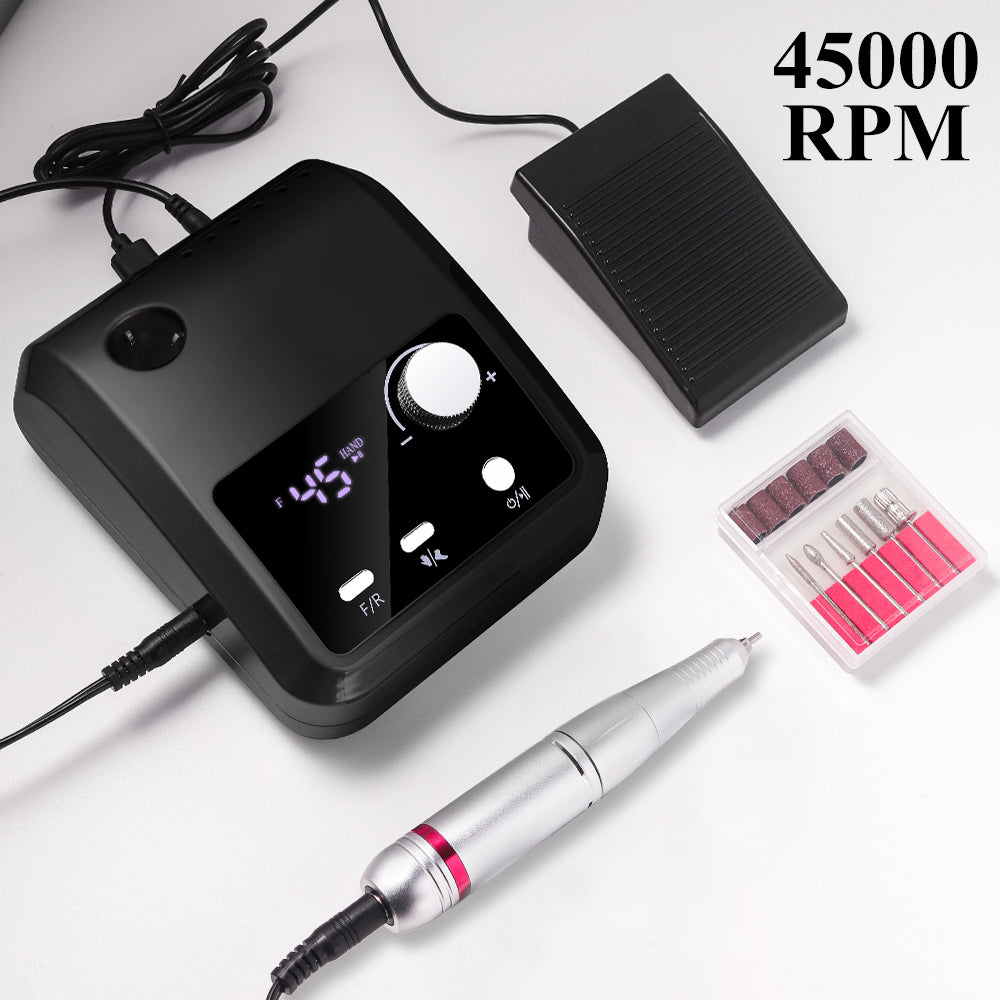Electric Nail Drill Professional - 45000 RPM Nail File Kit Machine With LCD Display, Hand & Foot Control Low Noise For Acrylic, Gel Nails, Manicure & Pedicure - Salon & Home Use