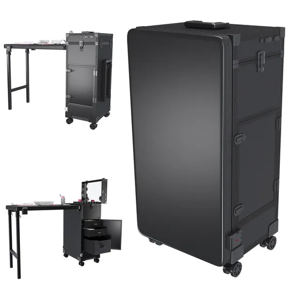 Portable Nail Art Table W& LED Mirror, Bluetooth, Lockable Drawers, Telescopic Pole - Folding Manicure Station For Salons - Black