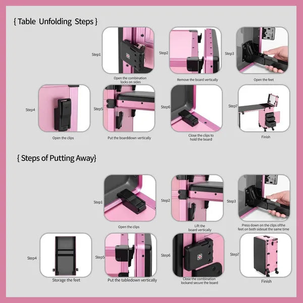 Portable Nail Art Table W & LED Mirror, Bluetooth, Lockable Drawers, Telescopic Pole - Folding Manicure Station For Salons - Pink