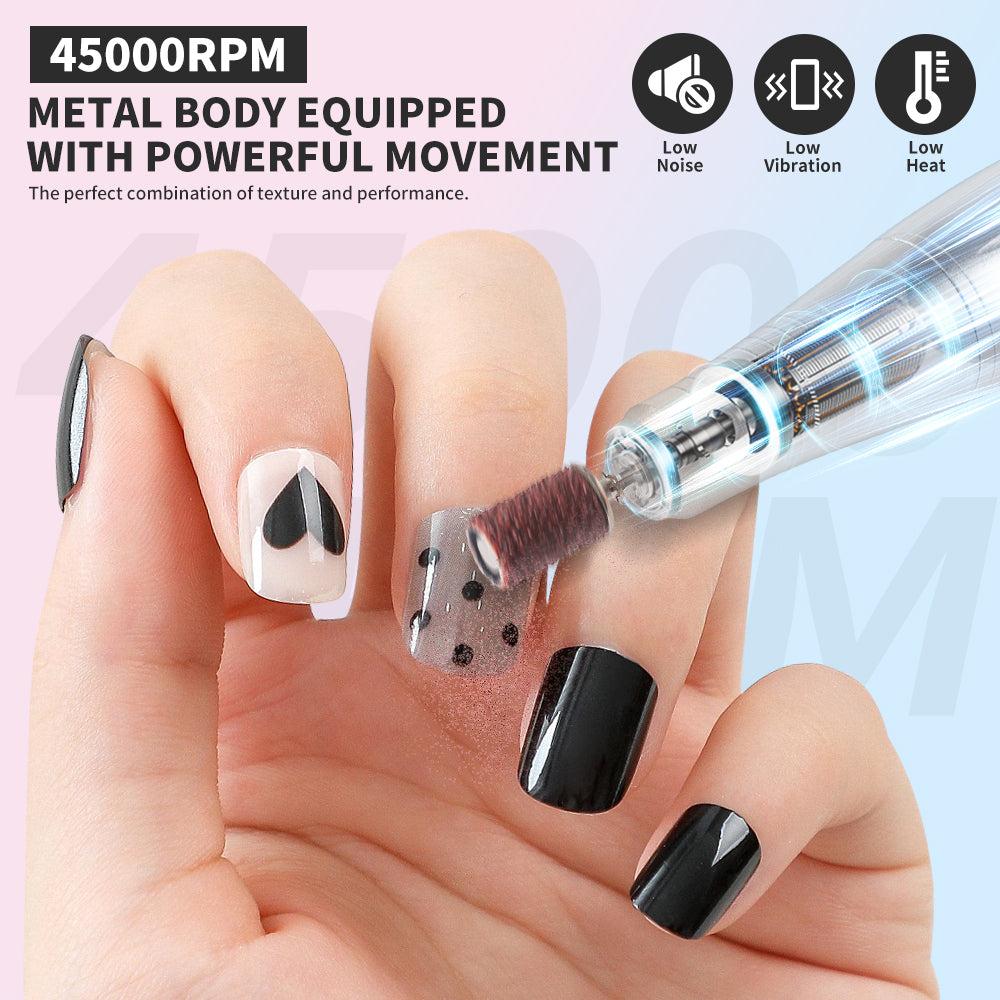 Professional Electric Nail Drill, 45000 RPM Cordless E-File Machine, With 12 Bits, Sanding Bands, LCD Display Electric Nail File For Acrylic Gel Nails