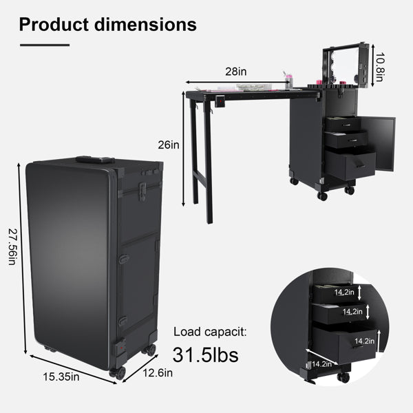 Portable Nail Art Table W/ LED Mirror, Bluetooth, Lockable Drawers, Telescopic Pole - Folding Manicure Station For Salons (Black)