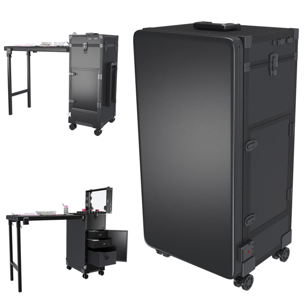 Portable Nail Art Table W/ LED Mirror, Bluetooth, Lockable Drawers, Telescopic Pole - Folding Manicure Station For Salons (Black)