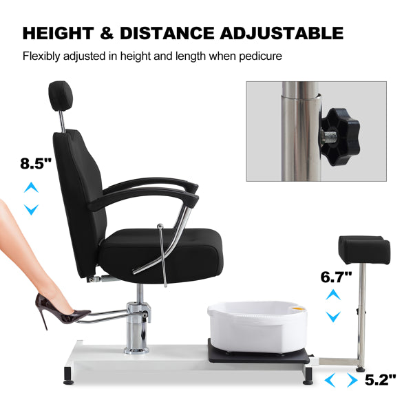 Pedicure Station Chair W/Footrest And Foot Basin, 360 Swivel Reclining Pedicure Chair W/Hydraulic Adjustable Height And Headrest - Black