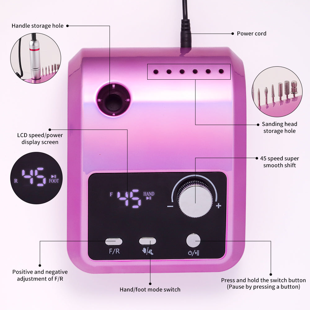 Electric Nail Drill Professional - 45000 RPM Nail File Kit Machine With LCD Display, Hand & Foot Control Low Noise For Acrylic, Gel Nails, Manicure & Pedicure - Salon & Home Use