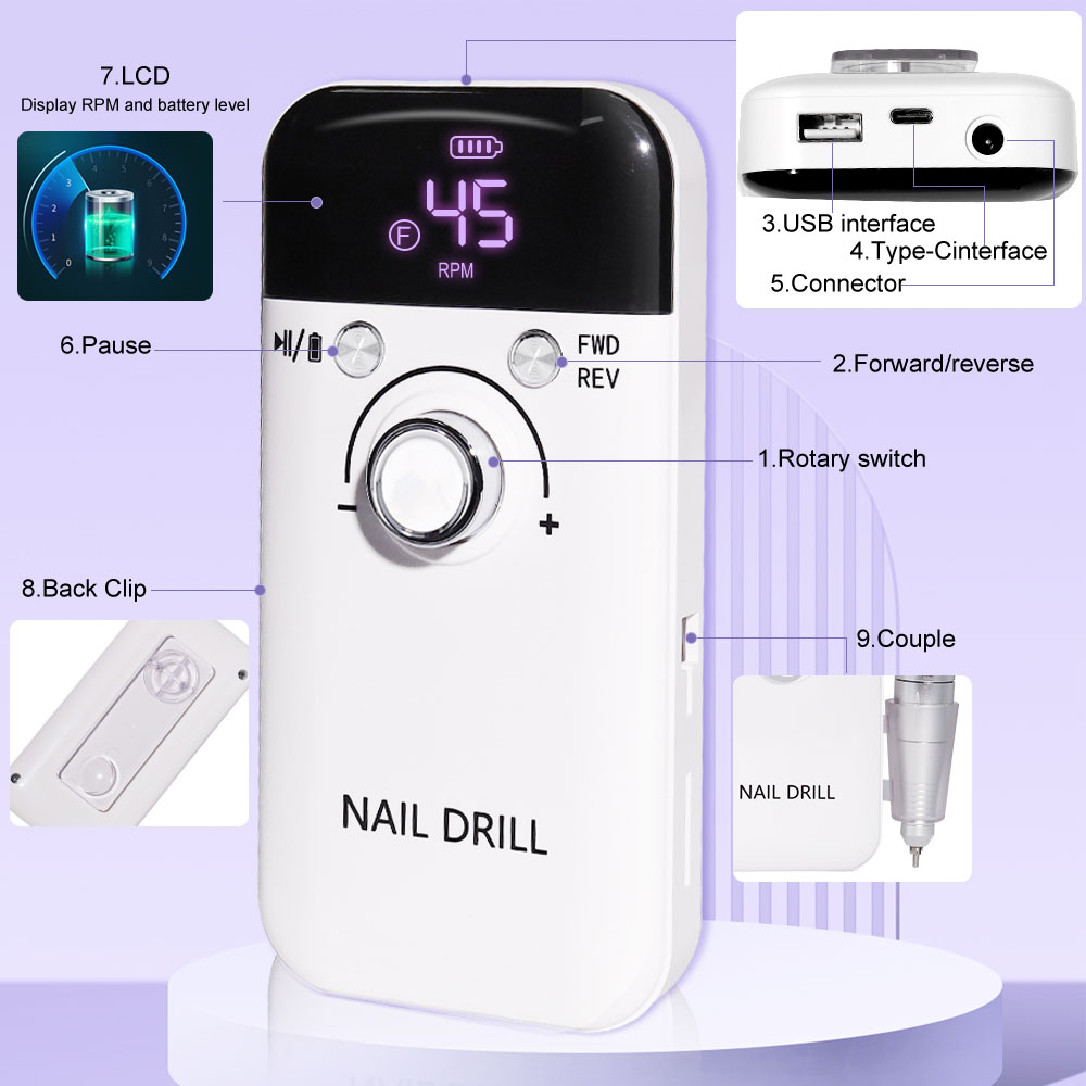 Electric Nail Drill Professional 45000RPM - Rechargeable Nail Drill Kit Portable Electric Nail File With Complete Bits For Acrylic Nails Gel Polishing Removing