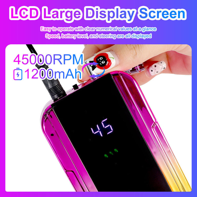 Professional Electric Nail Drill, 45000 RPM Cordless Rechargeable E-File Machine, With 6 Bits, Sanding Bands, LCD Display For Acrylic Gel Nails
