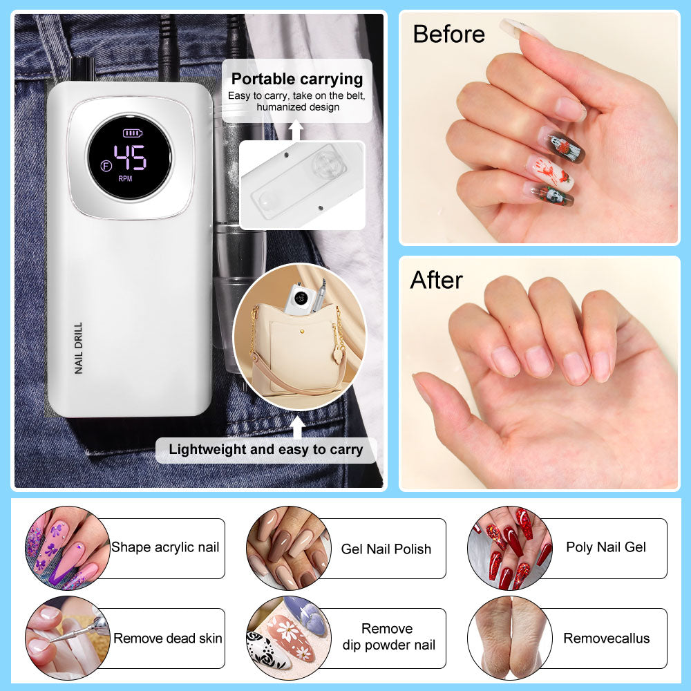 Rechargeable Electric Nail File Professional - 45000RPM Portable Efile Nail Drill Kit, Cordless E File Nail Drill Machine For Acrylic Gel Nails Salon Home Manicure Use