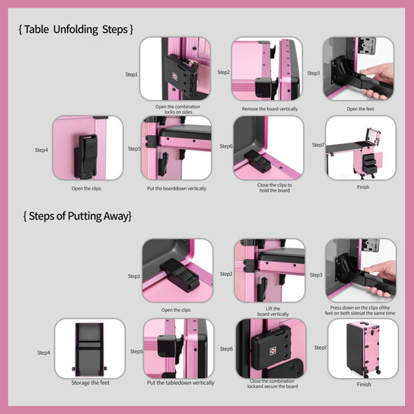 Portable Nail Art Table W/ LED Mirror, Bluetooth, Lockable Drawers, Telescopic Pole - Folding Manicure Station For Salons (Pink)