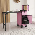 Portable Nail Art Table W & LED Mirror, Bluetooth, Lockable Drawers, Telescopic Pole - Folding Manicure Station For Salons - Pink