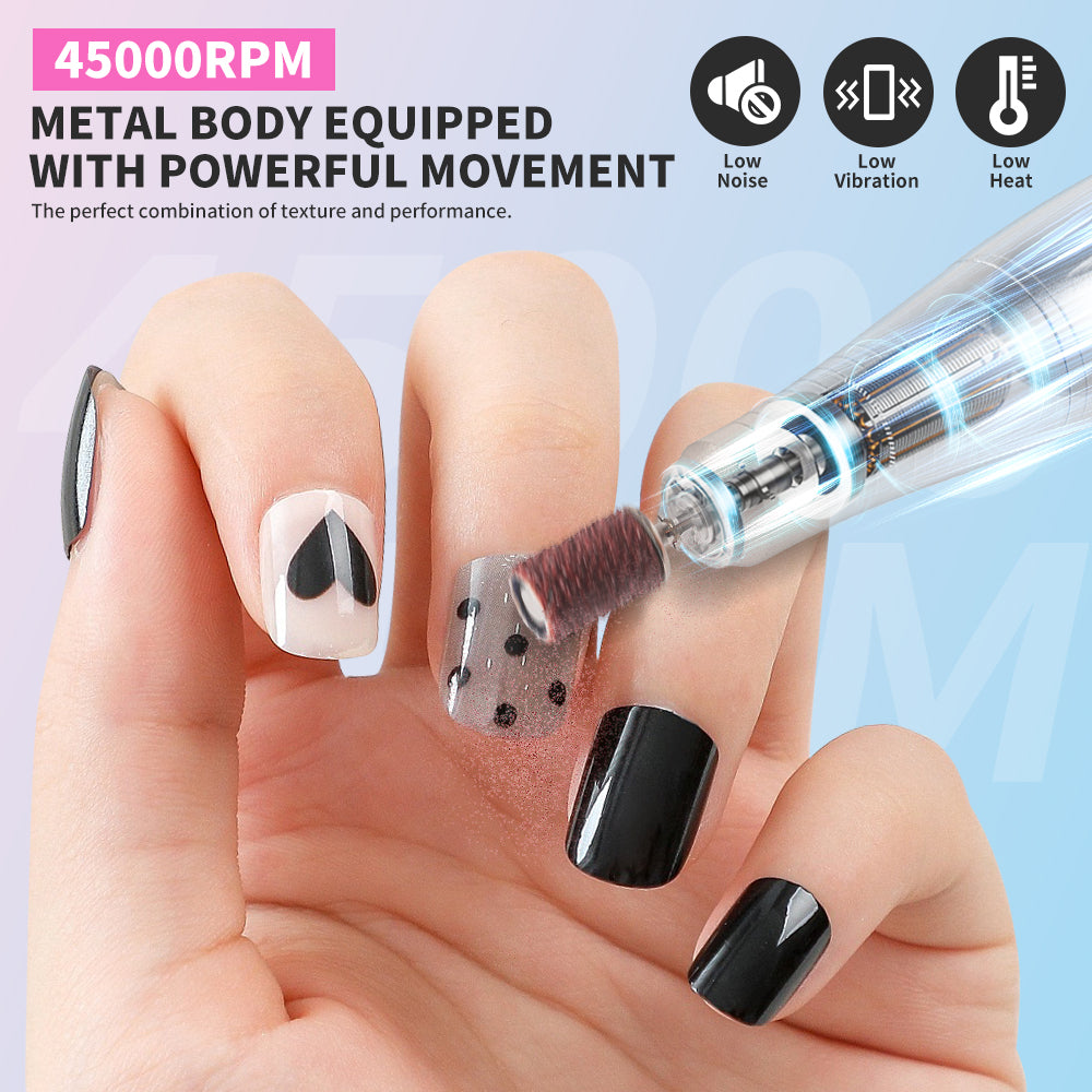 45000RPM Professional Portable Nail Drill Cordless Low Noise Nail Filer Electric Machine With Efile Bits & Base For Acrylic Nails, Electric Nail File Machine Suitable For Manicure, Nail Buffer Machine