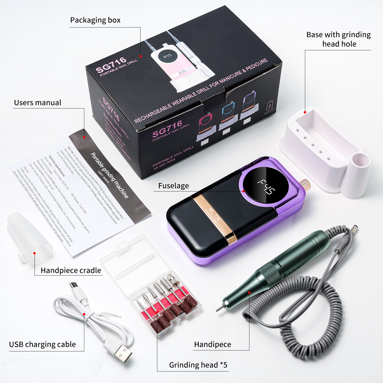 Electric Nail Drill Professional Kit - 45000RPM Portable Nail File Electric E File With 6 Bits & Base-LED Screen-Ultra-Silent, Rechargeable Nail Drills Machine For Acrylic Nails Gel Polishing