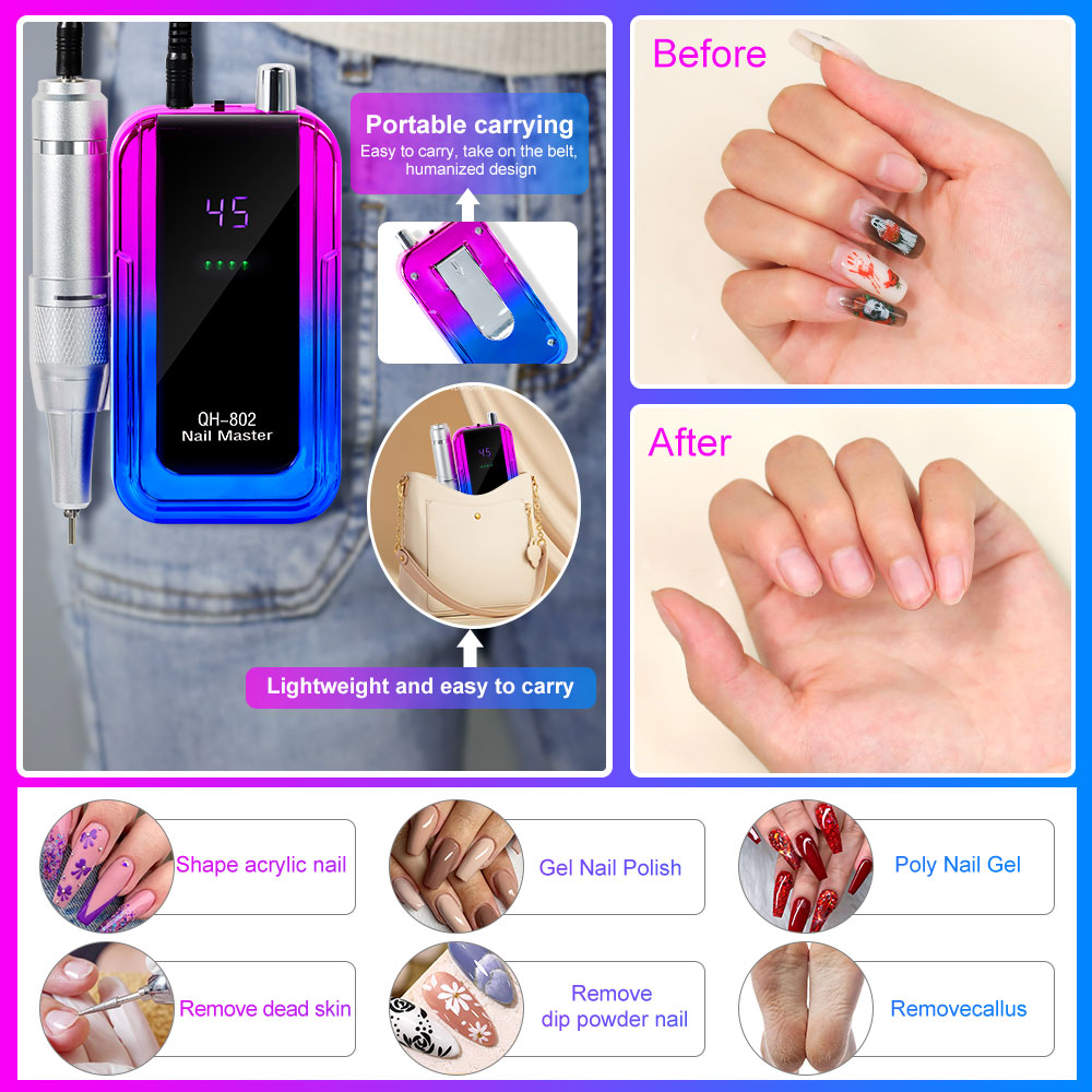 Professional Electric Nail Drill, 45000 RPM Cordless Rechargeable E-File Machine, With 6 Bits, Sanding Bands, LCD Display For Acrylic Gel Nails