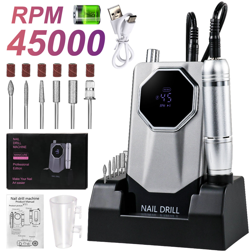 45000RPM Professional Portable Nail Drill Cordless Low Noise Nail Filer Electric Machine With Efile Bits & Base For Acrylic Nails, Electric Nail File Machine Suitable For Manicure, Nail Buffer Machine